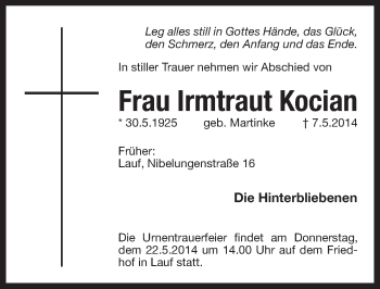 Traueranzeige von Irmtraut Kocian von Pegnitz-Zeitung
